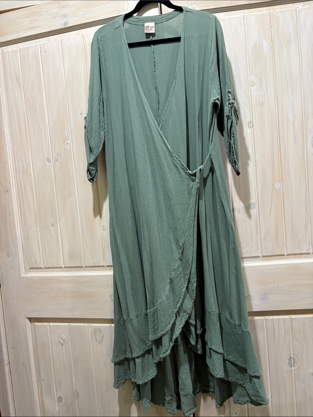 Oh My Gauze! Women's Sage Green High-Low Wrap Dress with Tie Waist